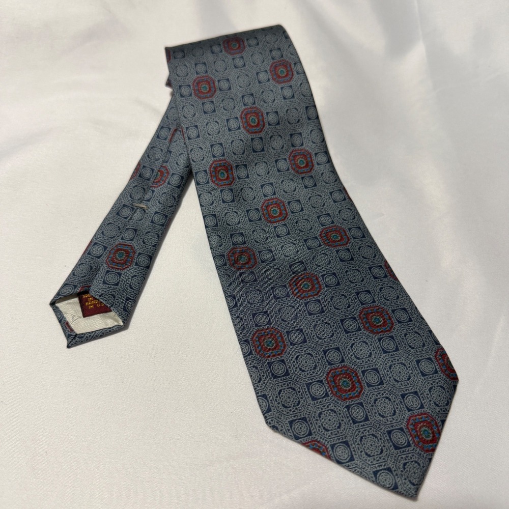 Bally Necktie Mens OS Blue Geometric Medallion Silk Handmade Italy Fabric USA